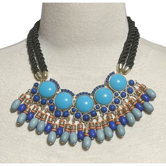 Banana Republic Moroccan Blue Beaded Silk Cord Bib Collar Statement Necklace - Picture 5 of 5